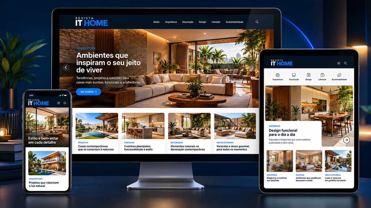 Mockup ilustrativo do site e da versão móvel do projeto Revista IT Home