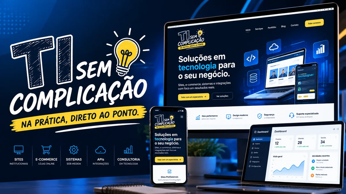 Mockup ilustrativo do site e da versão móvel do projeto TI sem Complicação